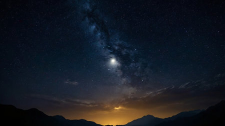 Milky way and stars in the night sky with mountain background.