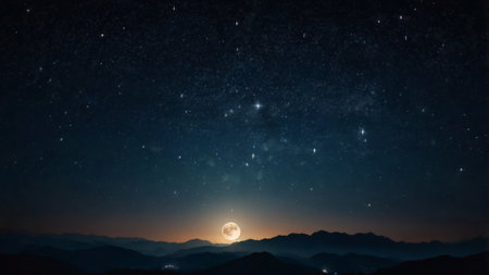 Mountain landscape at night with stars and moon.