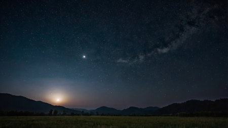 Night landscape with milky way and stars. Full moon over the mountains