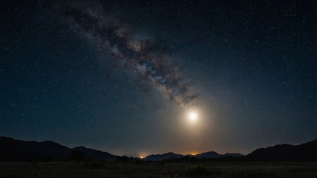 Milky way over the mountains at night with stars and moon.の写真素材