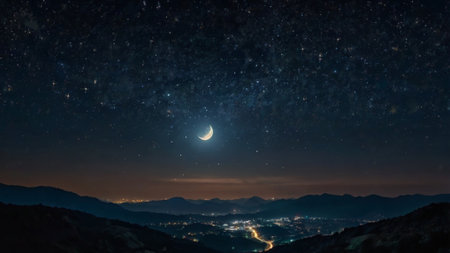 Night landscape with moon and stars.の写真素材