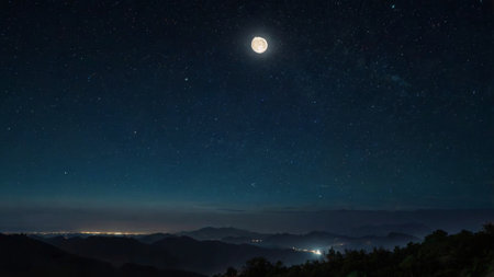 Night sky with stars and moon in the mountains. Long exposure photograph.の写真素材