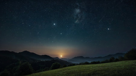 Night sky with stars and milky way over mountains. Panorama