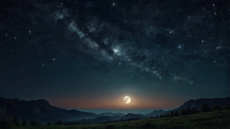 Night landscape with starry sky and milky way. 3d renderingの写真素材