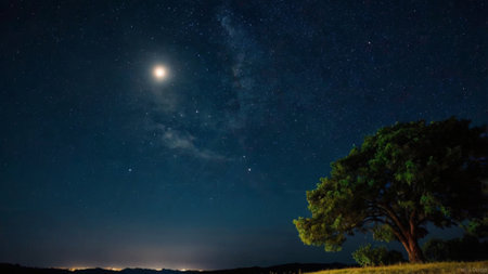 Night sky with stars and a tree. Long exposure photograph. Horizontal