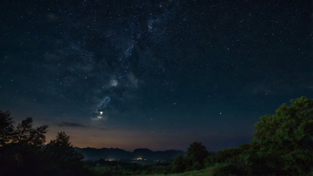 Night sky with stars and milky way. Long exposure photograph.