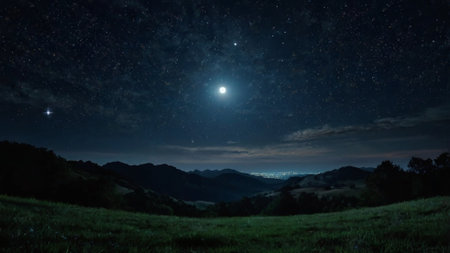 Beautiful night sky with stars and moon over mountains.