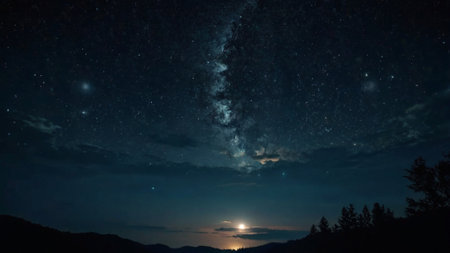 Night sky with stars and milky way over mountains. Long exposure
