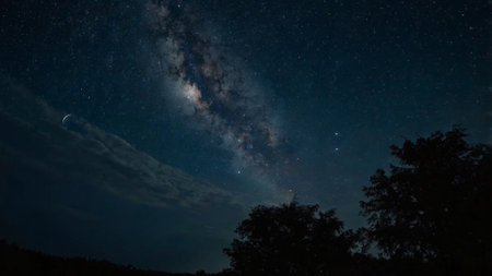 Milky way in the night sky with stars and silhouette of trees