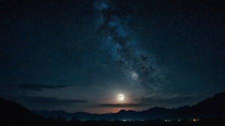 Milky way over mountains at night. Full moon with stars in the sky