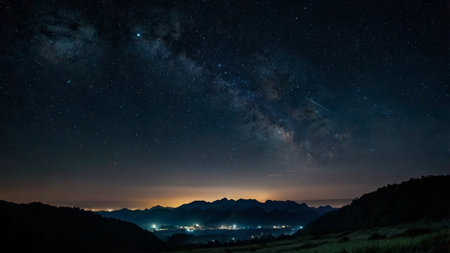 Milky way over the mountains with stars in the night sky.