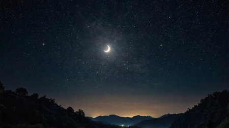Night sky with stars and the moon in the mountains. Long exposure.の写真素材