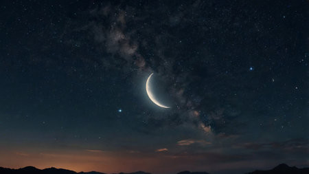 Crescent moon in the night sky with stars and space dust.の写真素材
