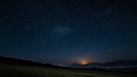 Night sky with stars and milky way over mountain range. Long exposure