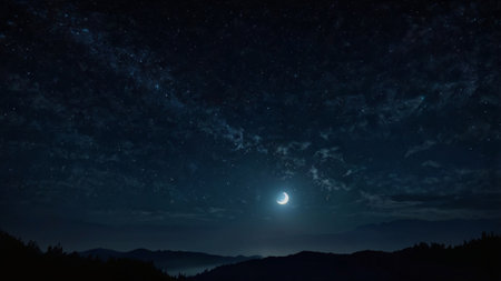 Night sky with stars and moon. Night landscape with stars and clouds.の写真素材