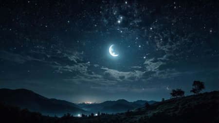 Moon and stars in the night sky. Landscape with starry sky.の写真素材