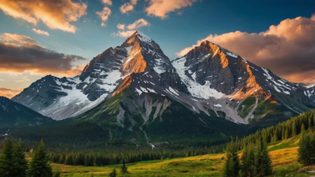 Mountain landscape at sunrise. Canadian Rockies, Alberta, Canada.の写真素材