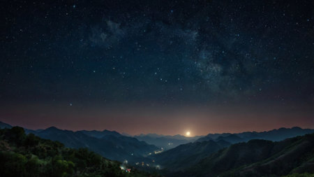 The Milky Way over the mountains at night with stars and clouds.の写真素材
