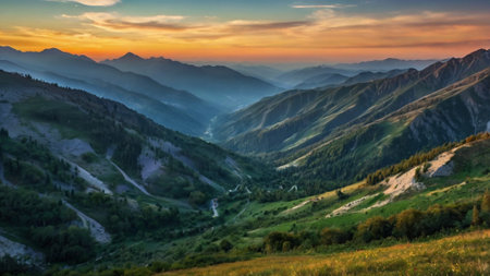 Mountain landscape at sunset. Panoramic view of the mountains.の写真素材