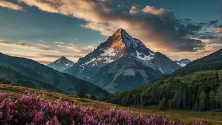 Matterhorn in the Swiss alps at sunset. Beautiful mountain landscape.