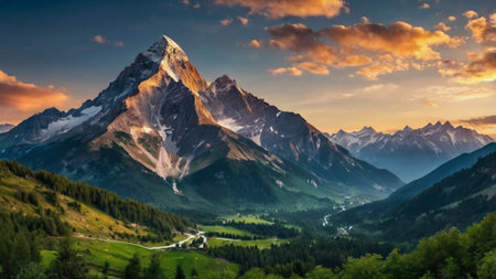 Mountain landscape at sunset. Panoramic view of Matterhorn, Switzerland