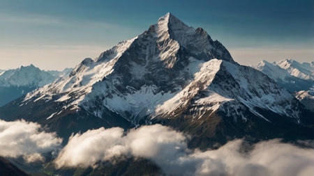 Panoramic view of a mountain peak with snow and clouds