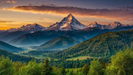 Mountain landscape at sunset. Panoramic view of the mountains.