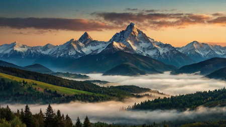 Mountains in the clouds at sunrise.