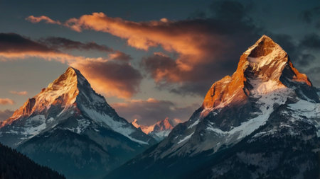 Matterhorn mountain peak at sunset, Zermatt, Switzerlandの写真素材