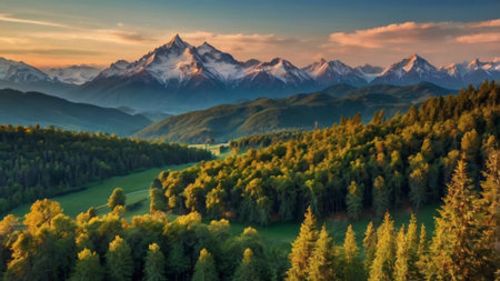 Panoramic view of the mountains in the evening. Caucasus, Russia