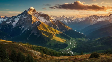 Mountain landscape at sunset.