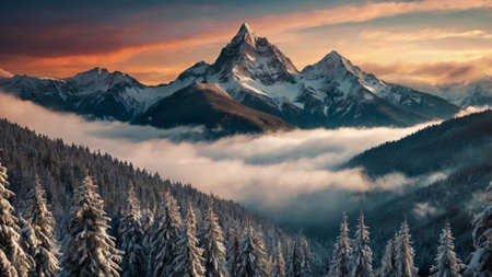 Panoramic view of the snowy mountains. Sunrise in the mountains.の写真素材