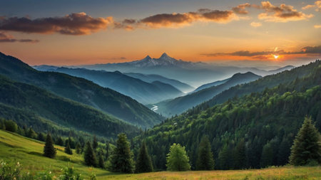 Mountain landscape at sunset. Panorama of the Caucasus Mountains.の写真素材