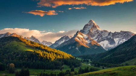 Mountain landscape with snow-capped peaks at sunset. Panoramaの写真素材