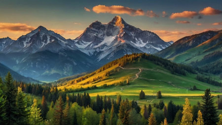 panoramic view of alpine meadow and mountain peaks at sunset