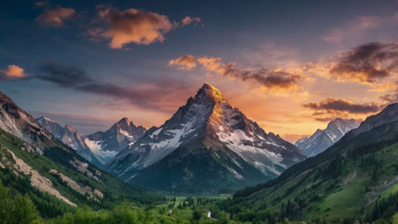 Panorama of the Matterhorn mountain range at sunset, Zermatt, Switzerlandの写真素材