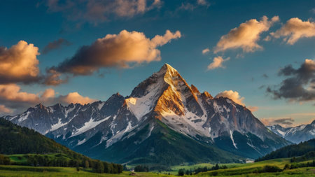 Mountain landscape at sunset. Panoramic view of the Matterhorn.の写真素材