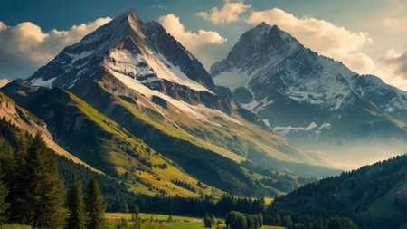 Mountain landscape with snow-capped peaks in the Alps.の写真素材