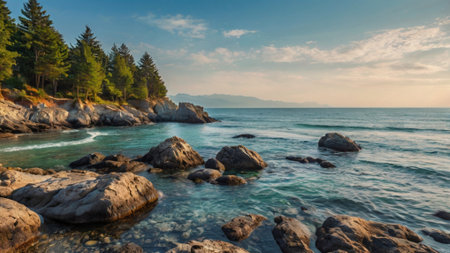 Beautiful seascape. Panoramic view of the rocky shore.の写真素材