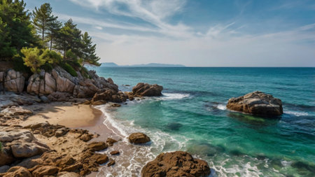 Panorama of the sea and mountains. Beautiful seascape.