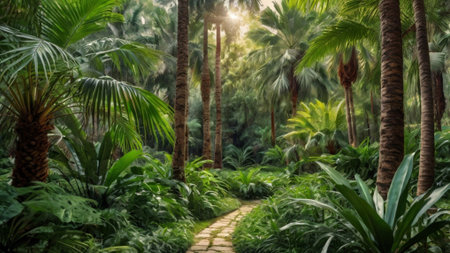 Beautiful tropical forest with palm trees and pathway. Nature background.の写真素材