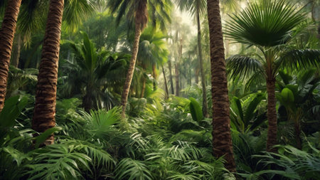 Tropical forest with palm trees and ferns. Nature background