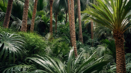 Tropical palm trees in botanical garden. Nature green background
