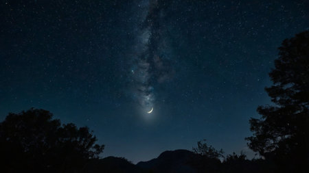 Night sky with stars and milky way over the mountains. Long exposure shot.