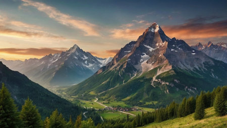 Fantastic panoramic view of the Swiss Alps at sunset.