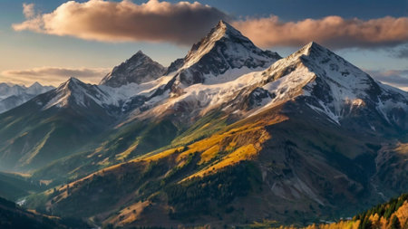 panoramic view of snow-capped mountains in autumn at sunsetの写真素材