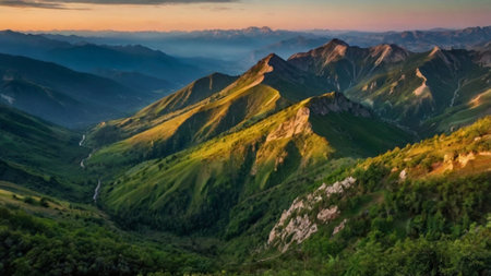 Panoramic view of the Caucasus Mountains at sunset, Georgia.の写真素材