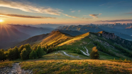 Panoramic view of the mountains at sunset. Carpathians, Ukraineの写真素材