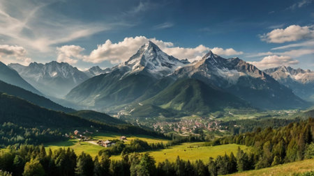 Panoramic view of the mountains and village in the valley.の写真素材