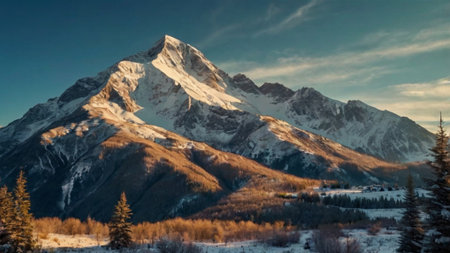 Beautiful winter mountains landscape with snow covered peaks and alpine village
